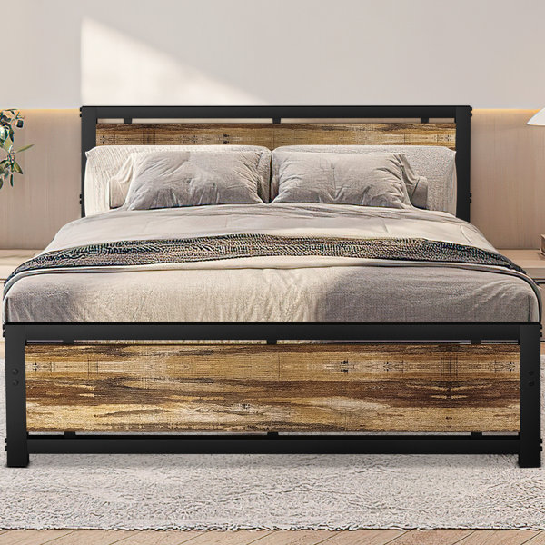 17 Stories Bed Frame with Headboard and Footboard, Strong Black Metal